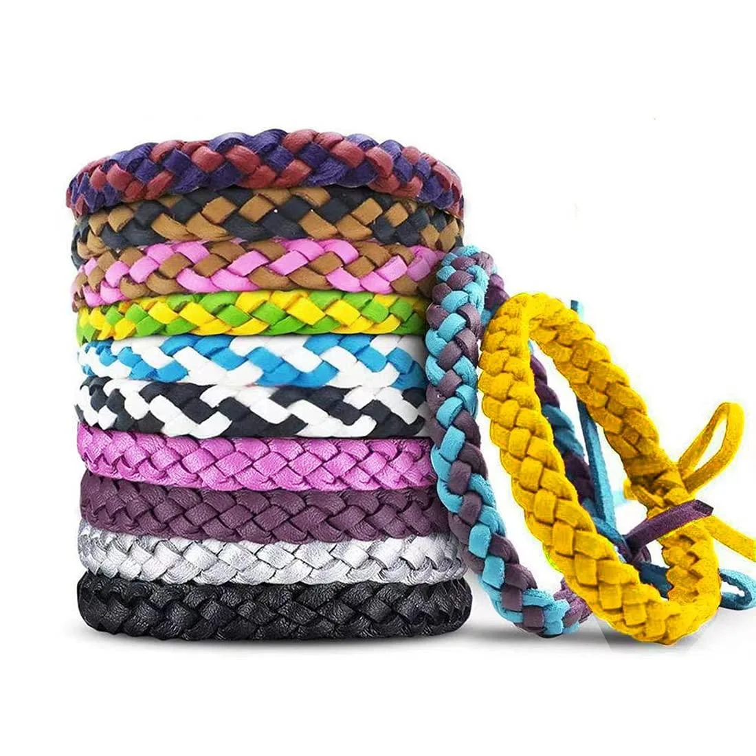 Twelve braided leather mosquito-repellent wristbands in mixed and solid colours, each in a resealable pouch