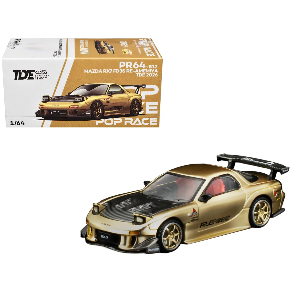 Pop Race Pop Race Mazda RX7 FD3S RE Amemiya Gold Metallic Carbon Hood Thailand Diecast Expo 2026 1/64 Hobby Collectible — product photo