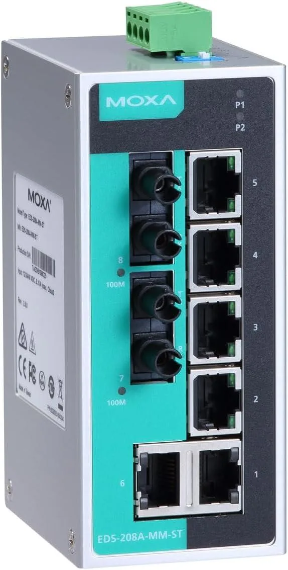 Moxa Moxa EDS-208A-MM-ST network switch 6x 10/100BaseTX 2x 100BaseFX multi-mode ST -10 to 60°C — product photo