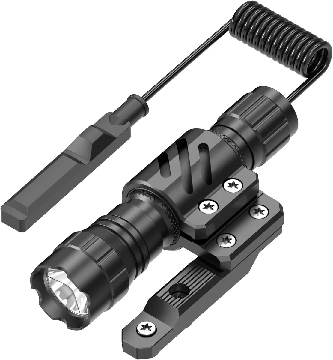 Matte black tactical flashlight with offset mount and pressure switch