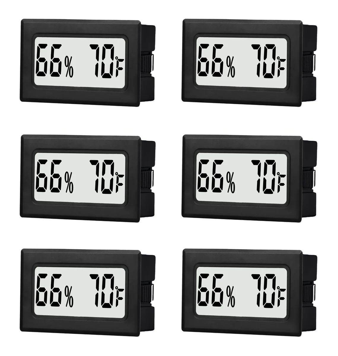 Six small yellow digital hygrometer thermometers with LCD screens