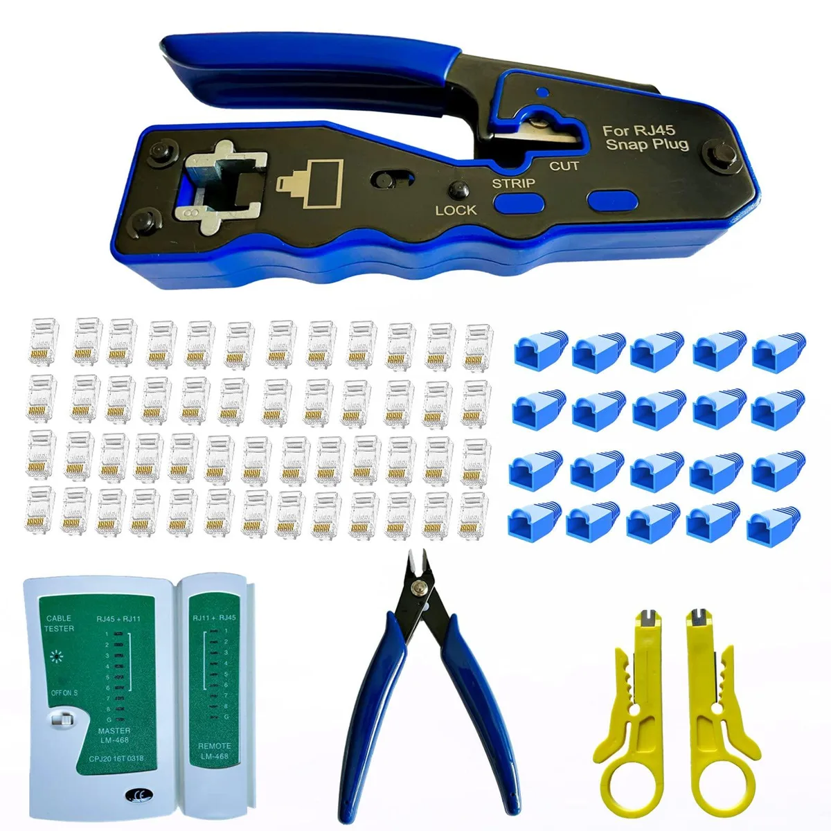 KEHIPI KEHIPI Dasxskj1806 RJ45 Crimp Tool Kit with 50 Connectors, 20 Covers, Tester, 2 Strippers, Cutter — product photo