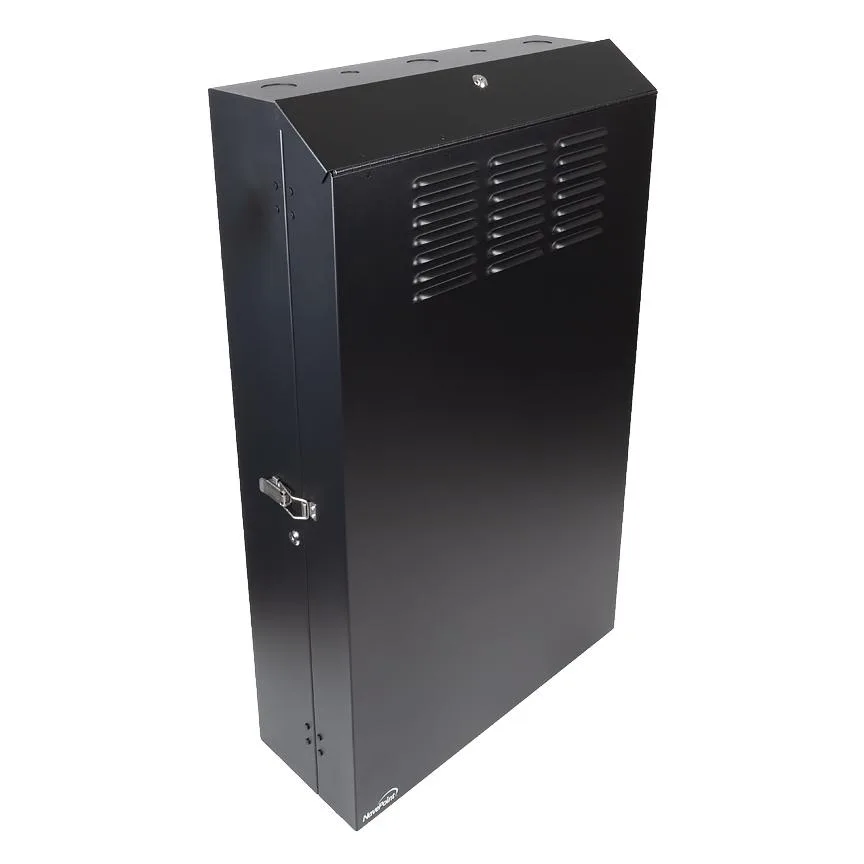 Black 5U vertical wall mount enclosure, 36 inch depth, solid door with lock, ventilation slots