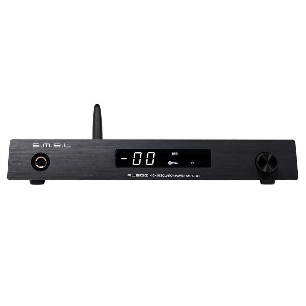Compact stereo amplifier with front headphone jack and remote control