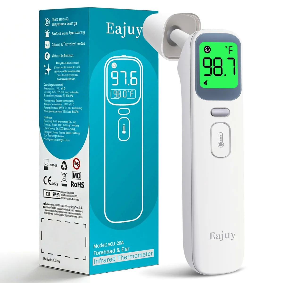 White dual-mode ear and forehead thermometer with backlit display, probe cover, storage bag and two AAA batteries