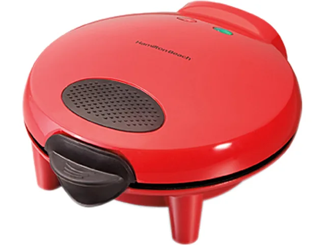 Red Hamilton Beach quesadilla maker with nonstick grids and locking lid