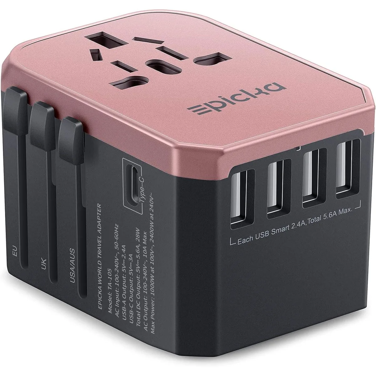 Compact rose-gold travel adapter with sliding plugs, USB-C and four USB-A ports, AC socket