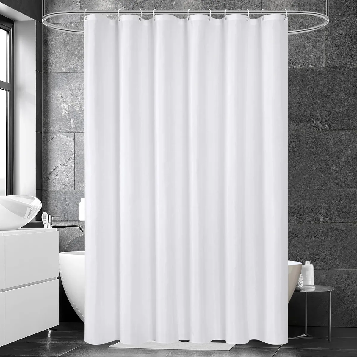 White polyester shower curtain 60 by 72 inches with metal grommets and hooks