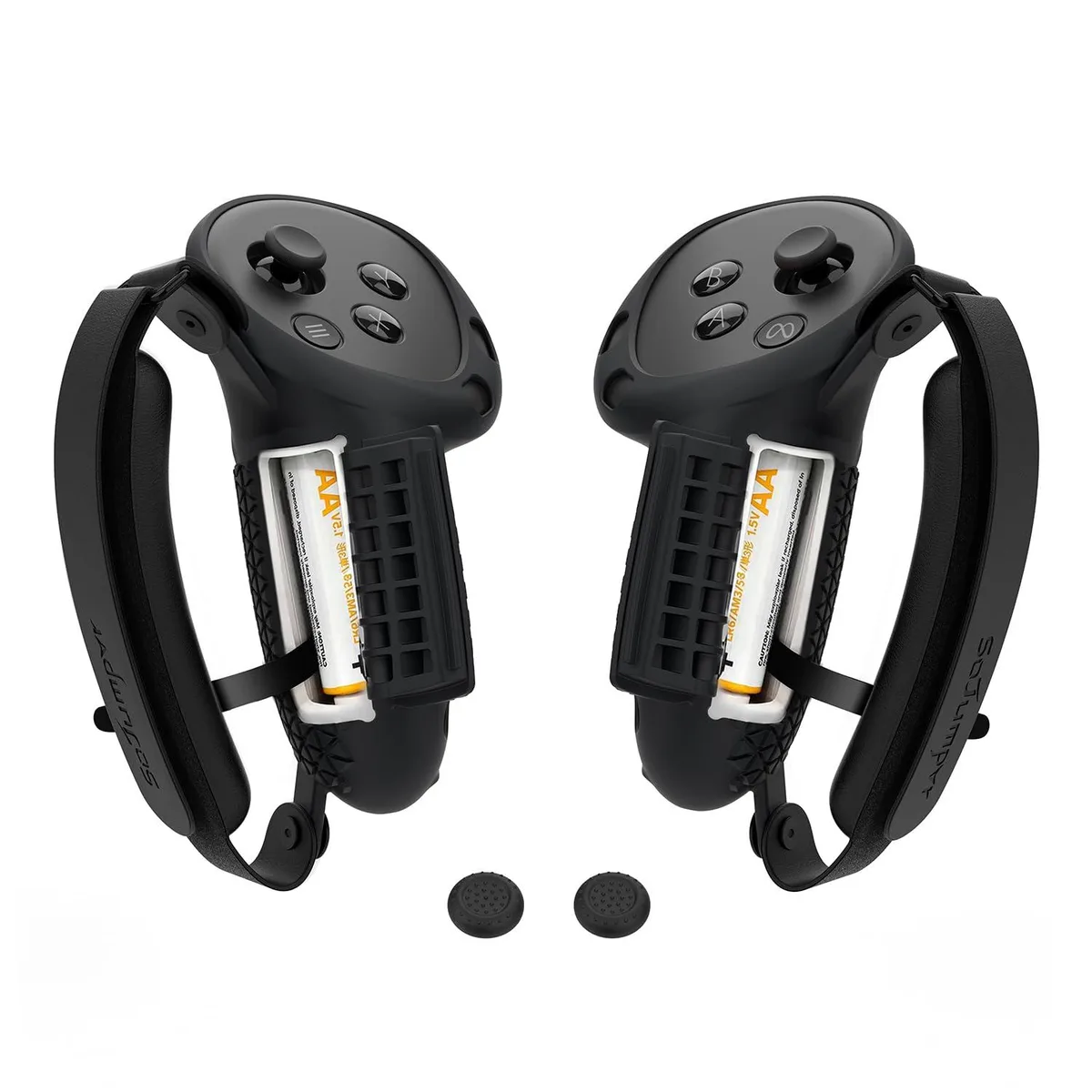 Black silicone controller grip covers with knuckle straps and sponge padding for Quest 3