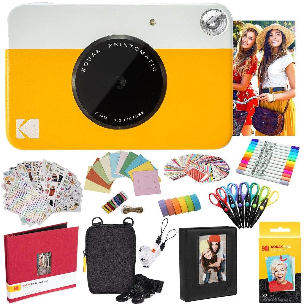Kodak Kodak Printomatic Instant Camera Yellow Bundle 20 Sheets Case Album Stickers Markers Scissors — product photo
