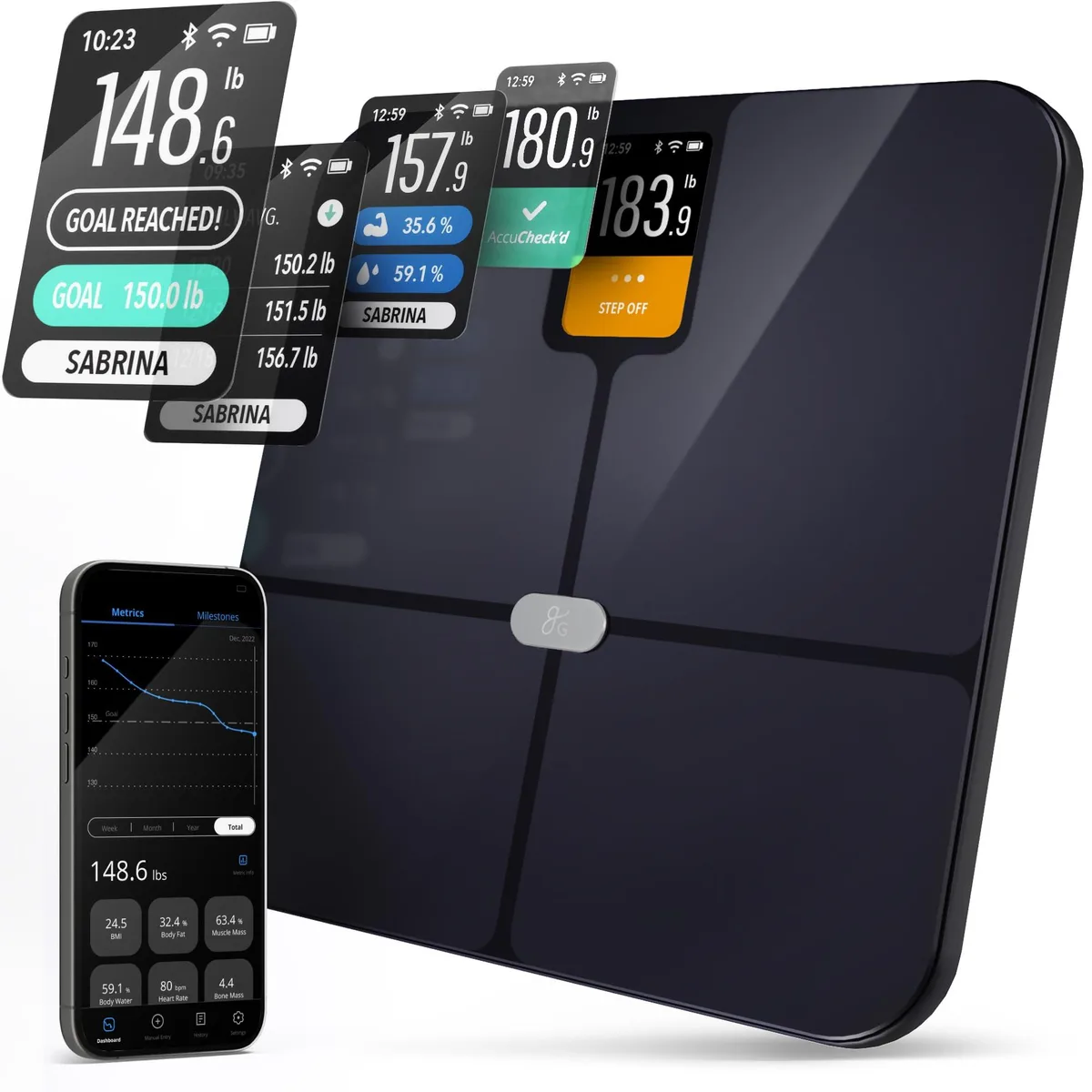 Black rectangular smart scale with large colour display and low profile