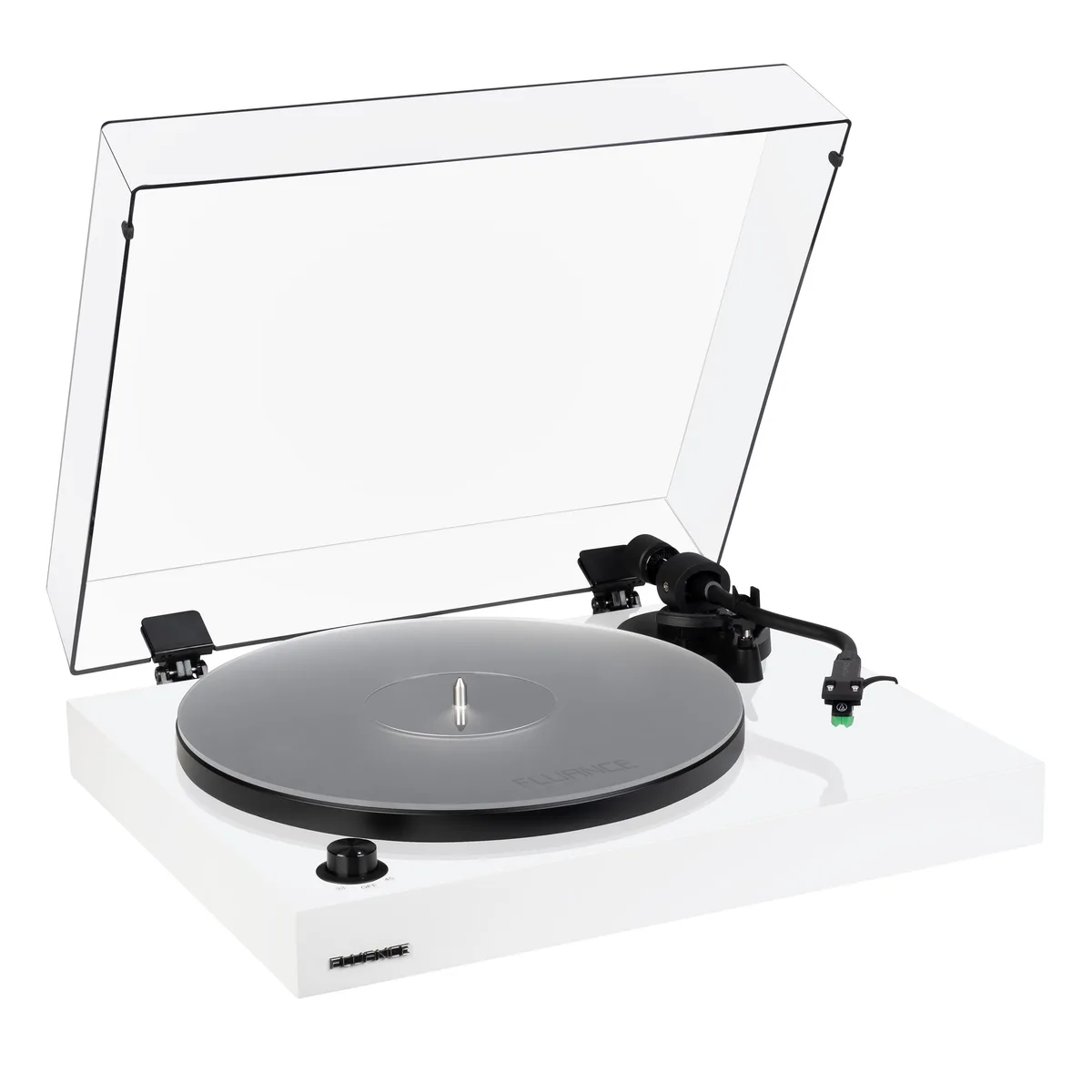 White belt-drive turntable with acrylic mat and silver platter