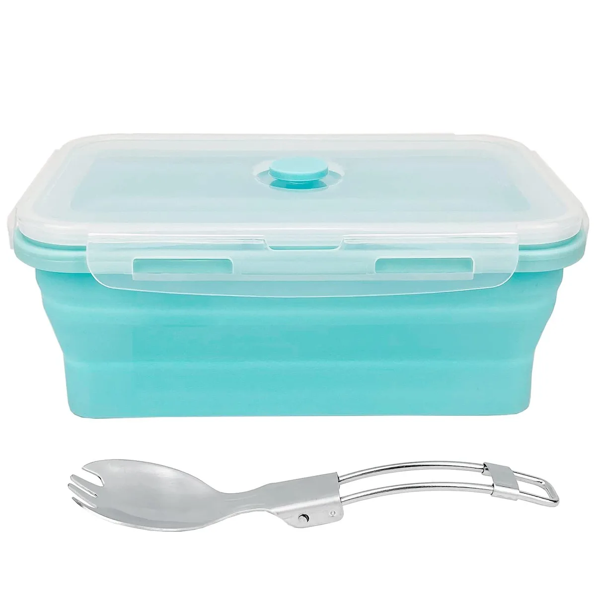 Red collapsible silicone food container with plastic lid and foldable spoon