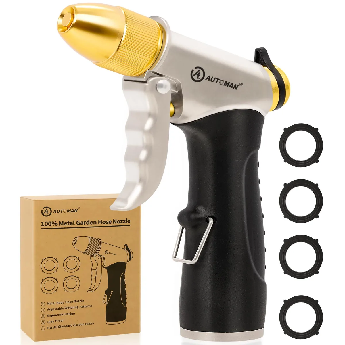 Metal pistol-grip hose nozzle with adjustable spray head, 25 ft reach