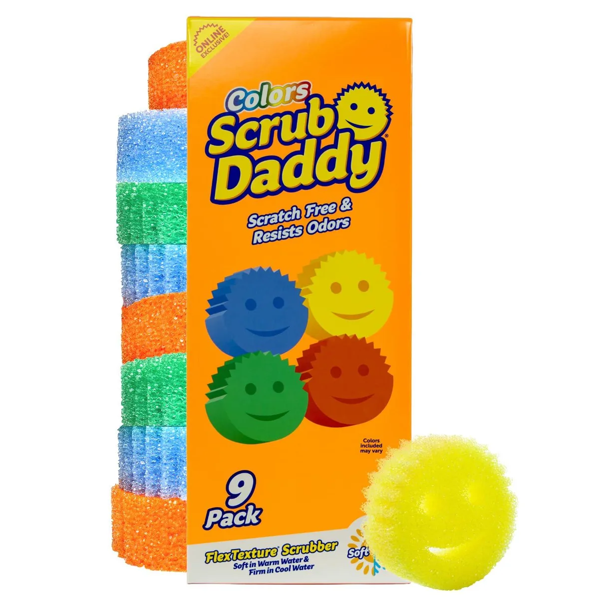 Nine yellow smile-face sponges in clear plastic packaging