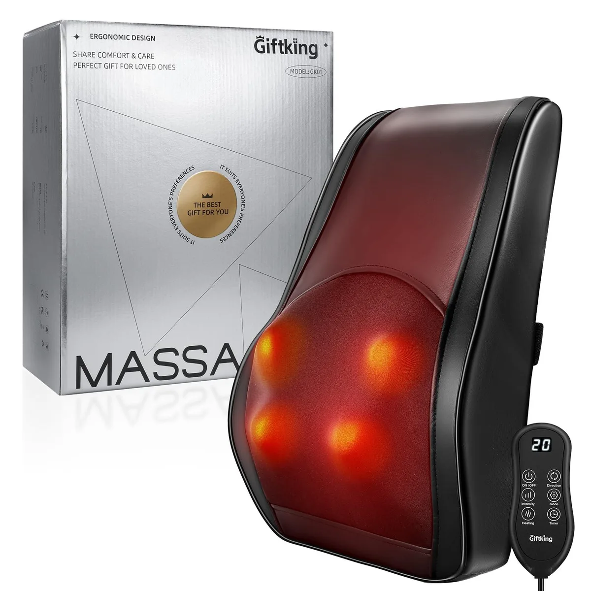 Black rectangular massage pillow with faux leather top and mesh sides, corded controller attached