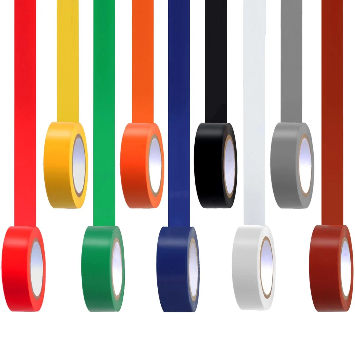 Nine rolls of coloured electrical tape in assorted shades, each ten metres long