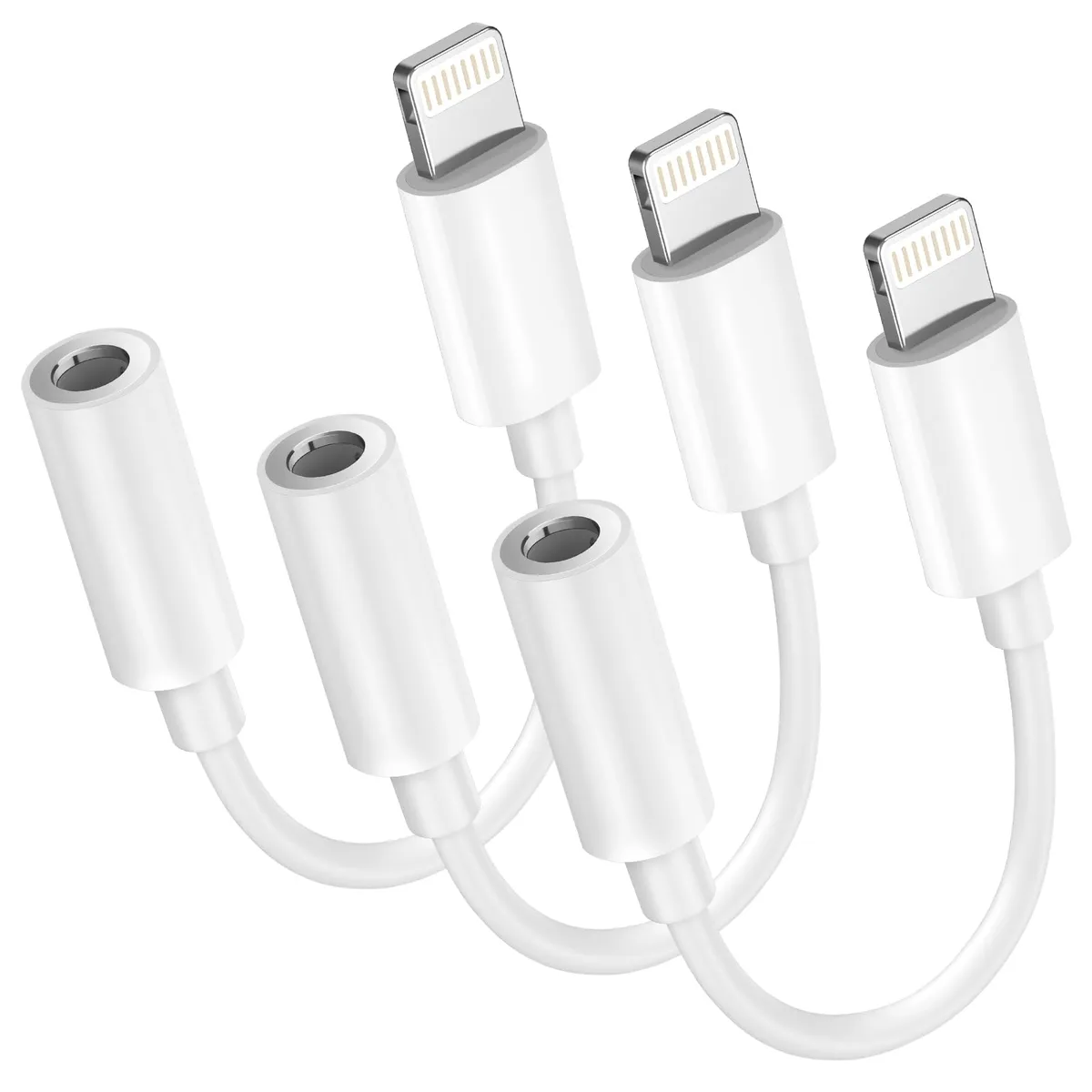 Three white Lightning-to-3.5mm audio dongles with copper connectors