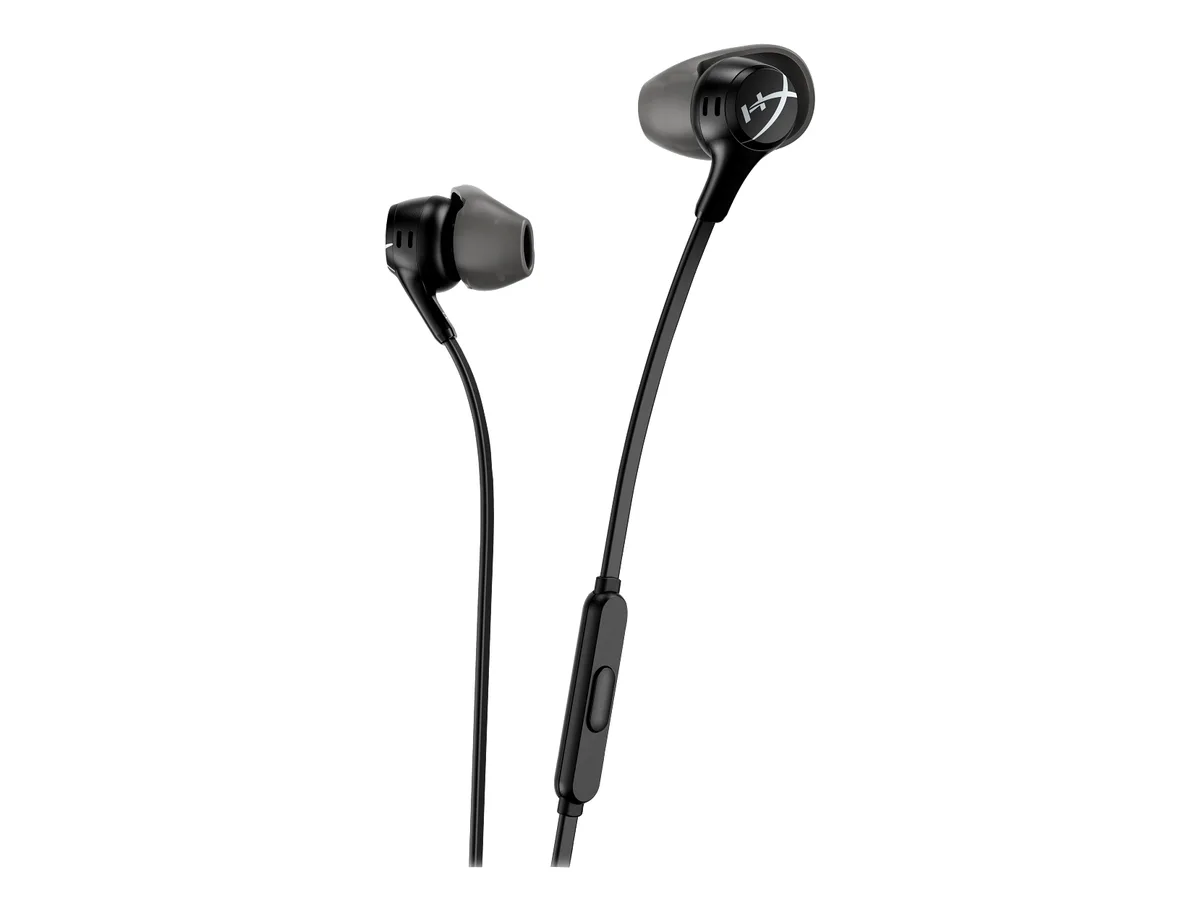 Black in-ear gaming earbuds with inline microphone and flat cable