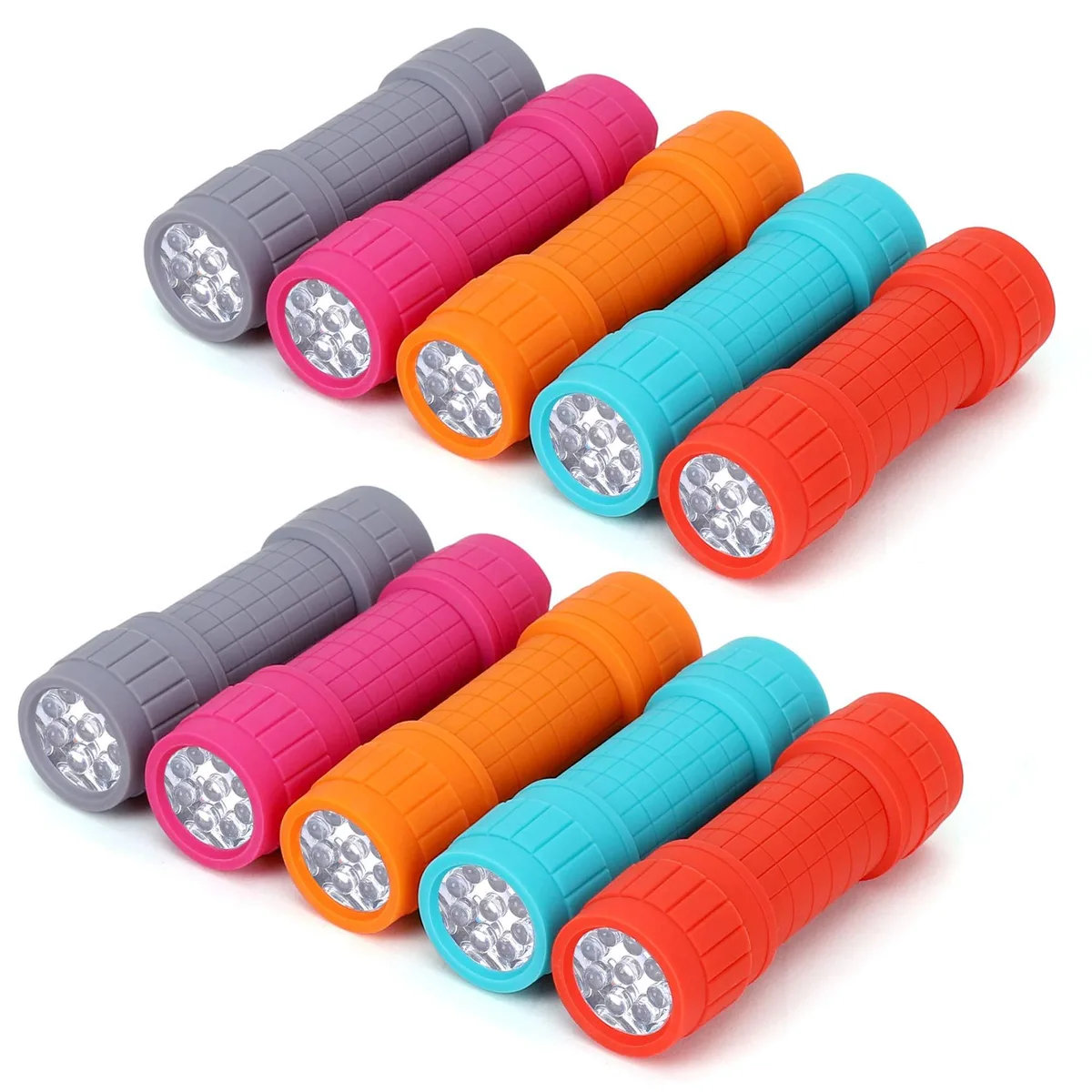 Ten small blue flashlights with rubberised grips in a pack