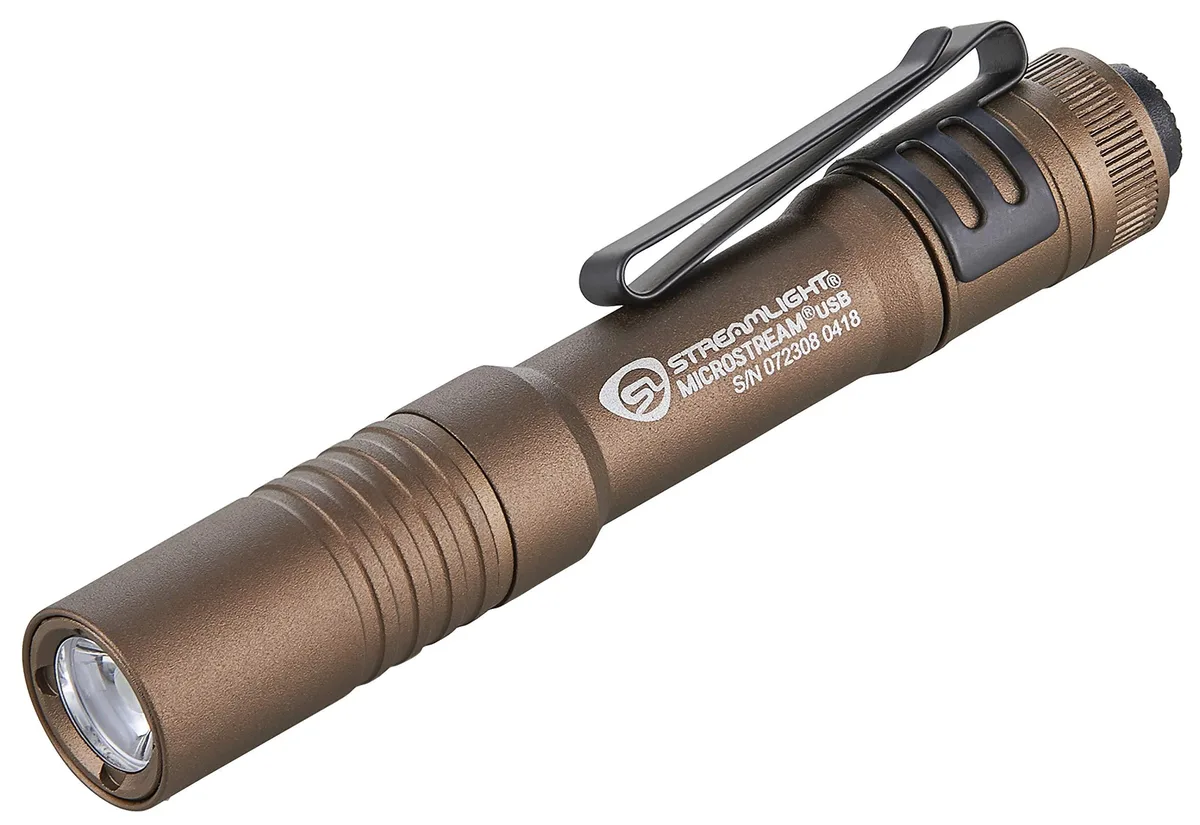 Compact coyote aluminium flashlight with USB charge port and pocket clip