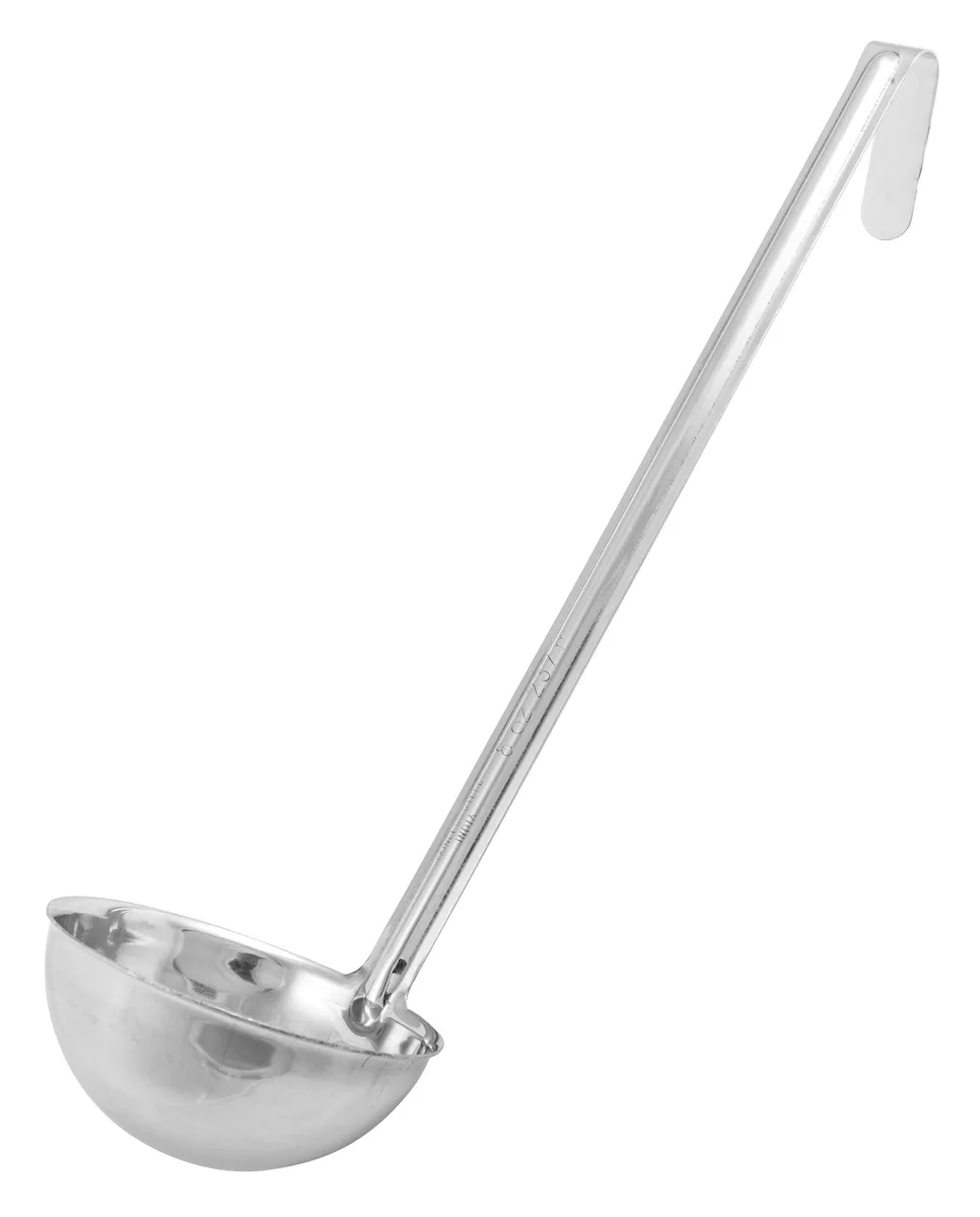 Stainless steel ladle with deep bowl and curved handle, metallic finish