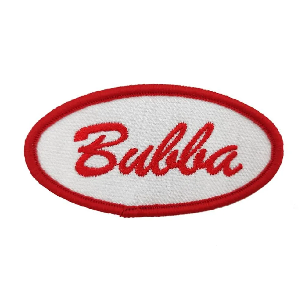 White leather embroidered iron-on patch, 3 inch mechanic badge
