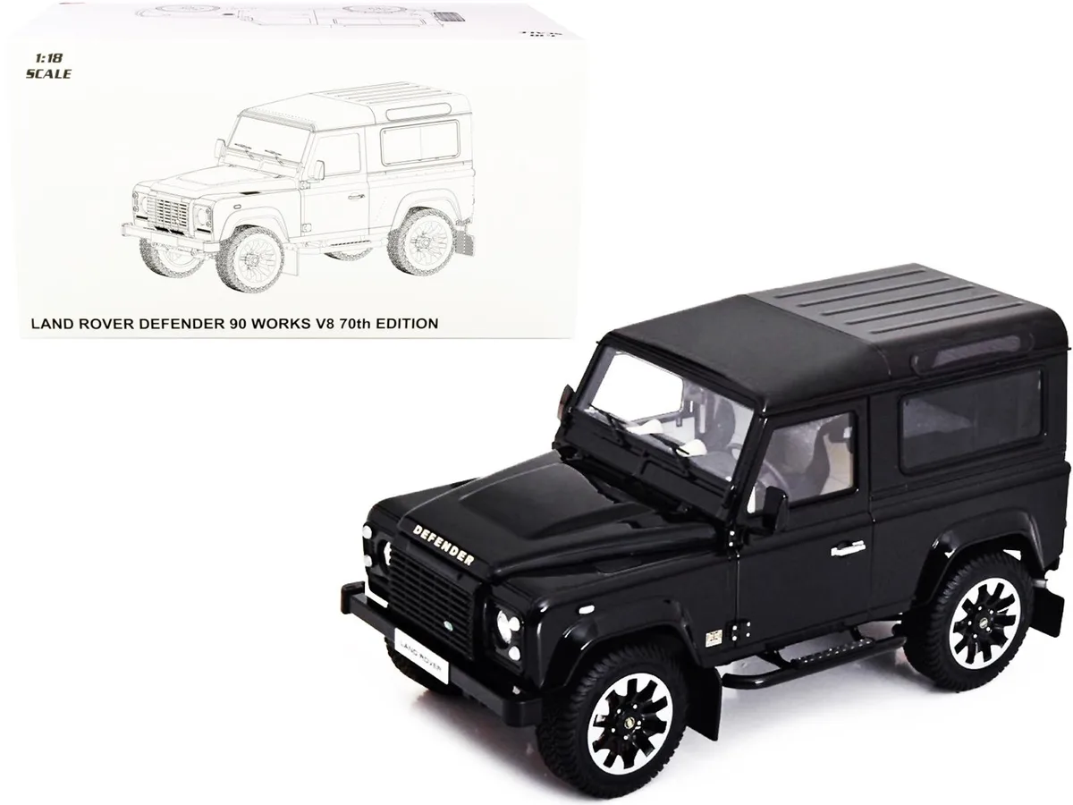 LCD Models LCD Models Land Rover Defender 90 Works V8 Matt Black Gloss Black Top 70th Edition 1/18 Diecast Car — product photo