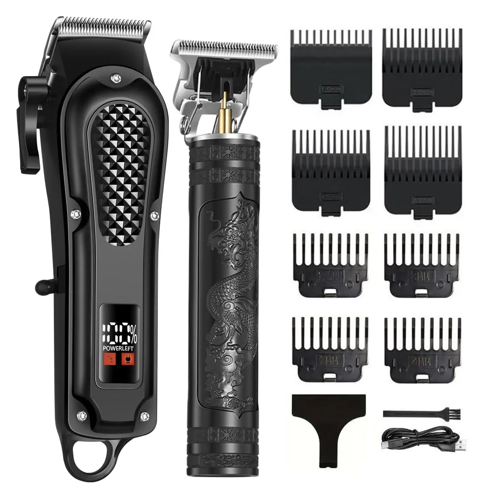 Black cordless hair clipper and trimmer kit with LCD display and stainless steel blades