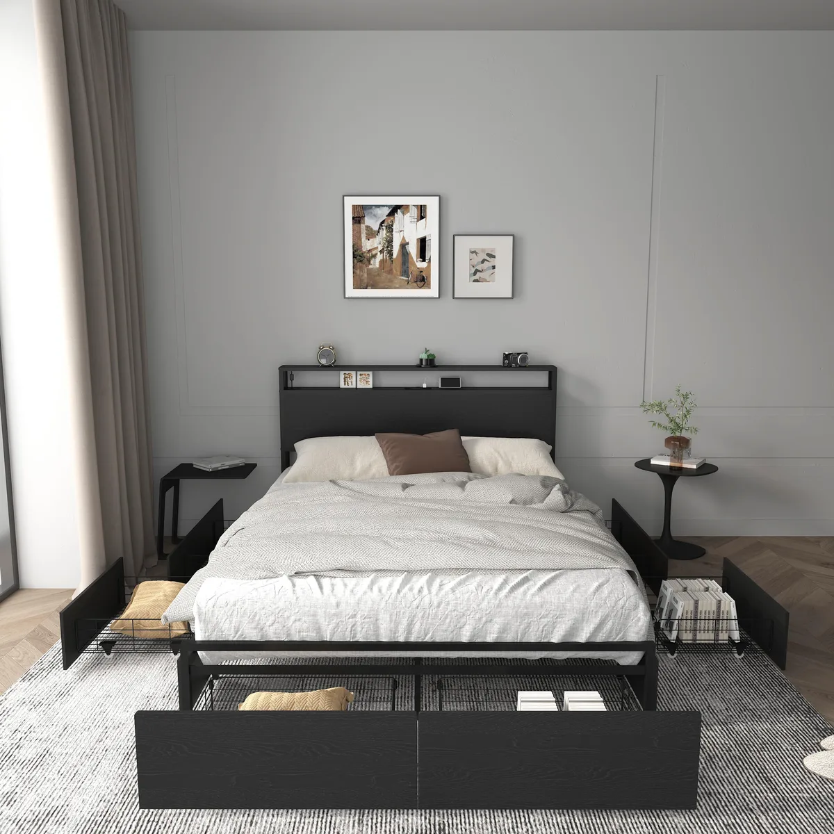 tuphen tuphen Full Bed Frame Storage Headboard Charging Station Black — product photo