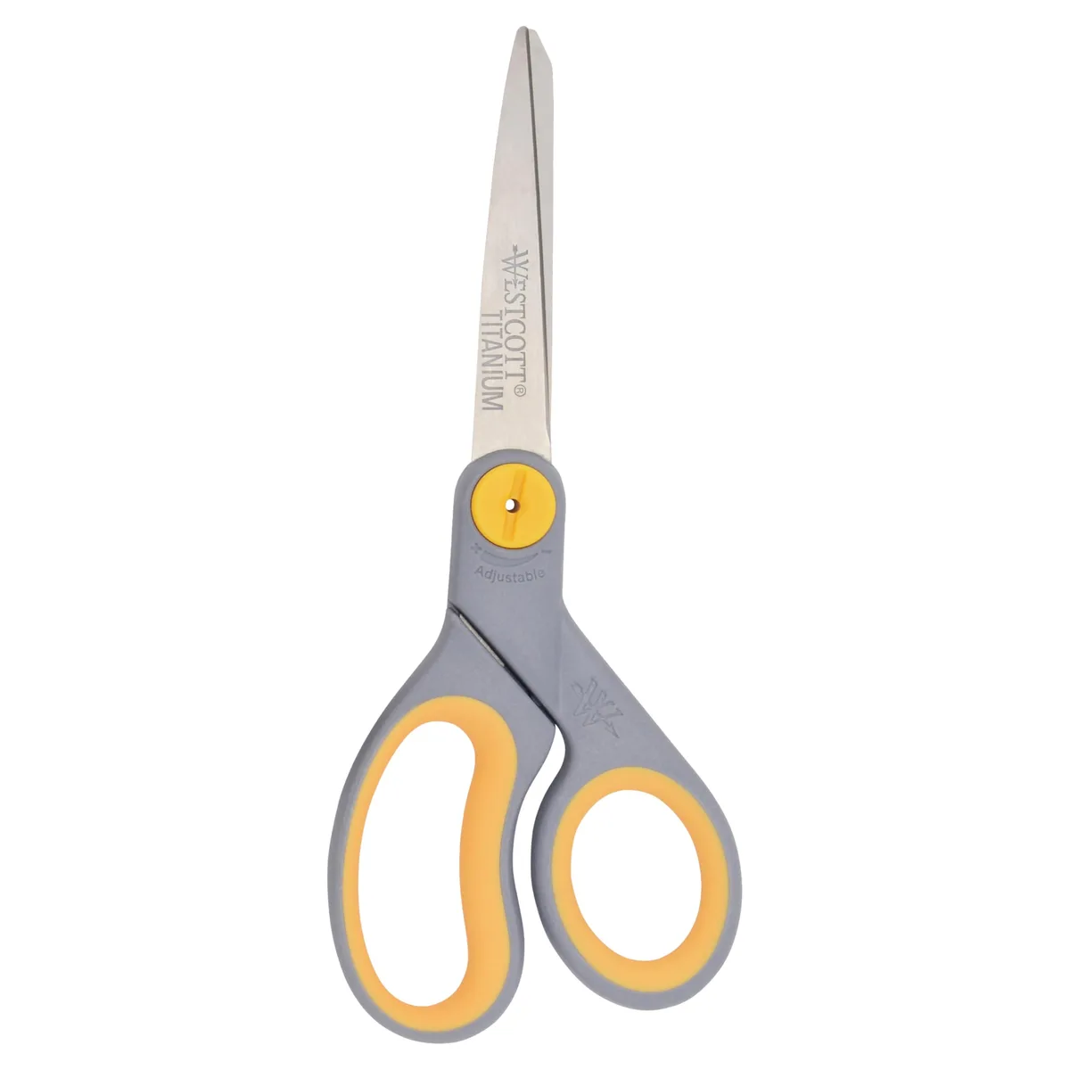 Eight-inch titanium-bonded scissors with gray handles and yellow accents