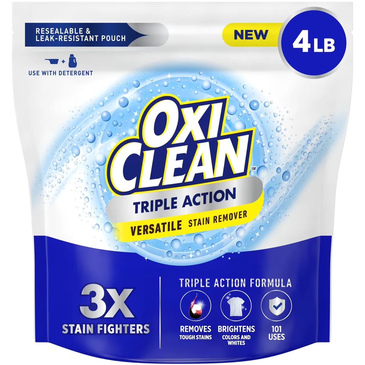 White resealable pouch of OxiClean Triple Action stain remover powder, four pounds