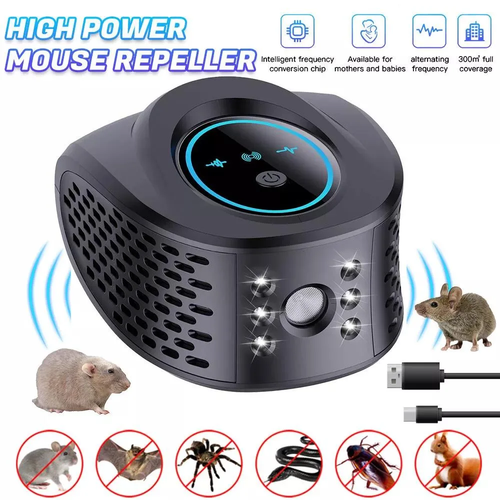 White cylindrical ultrasonic pest repeller with 360 degree coverage, 2.7W power, 500mA current
