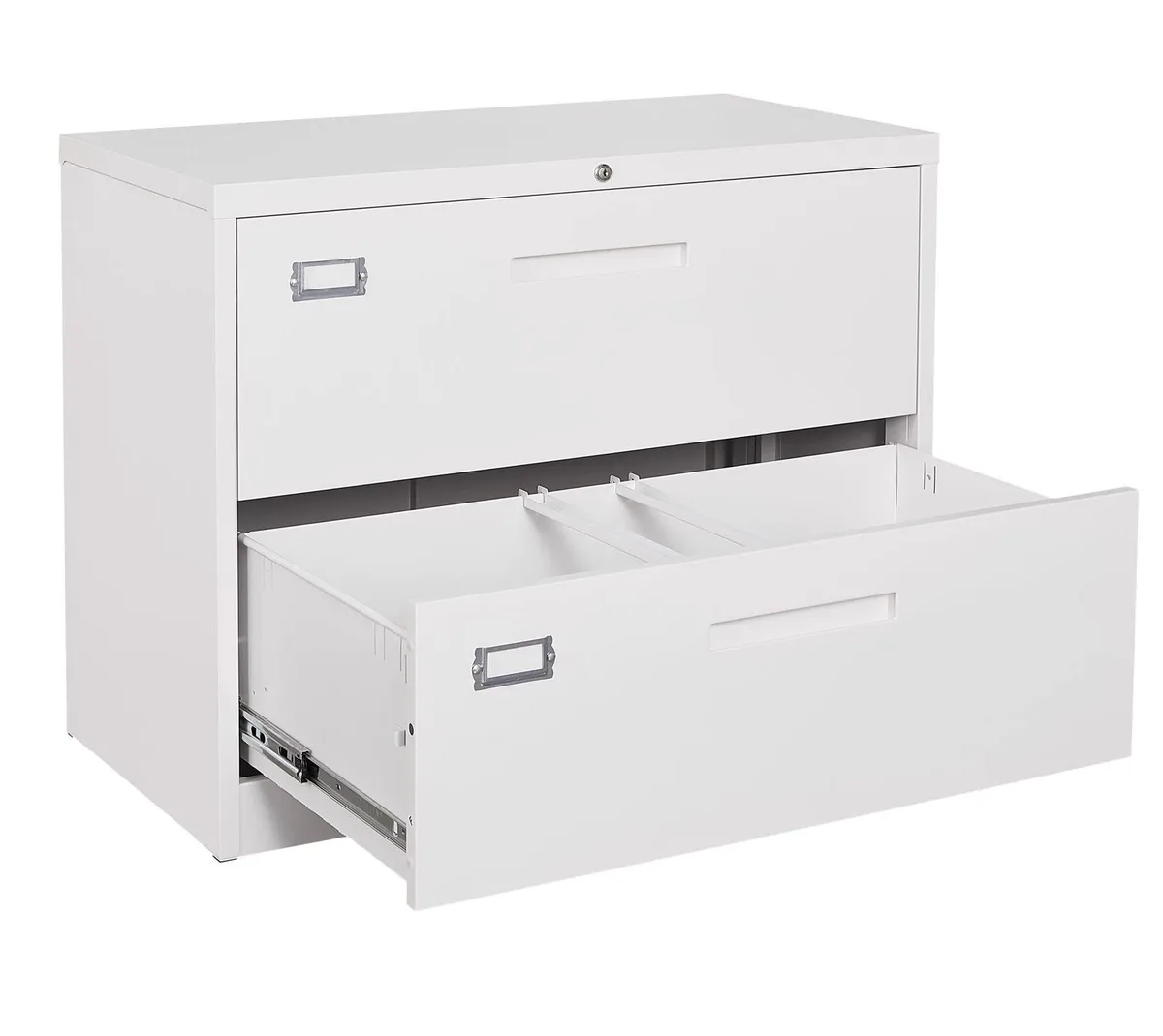 White two-drawer lateral file cabinet with metal handles and lock