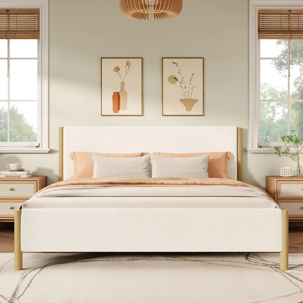 White boucle upholstered king bed frame with natural rubberwood legs