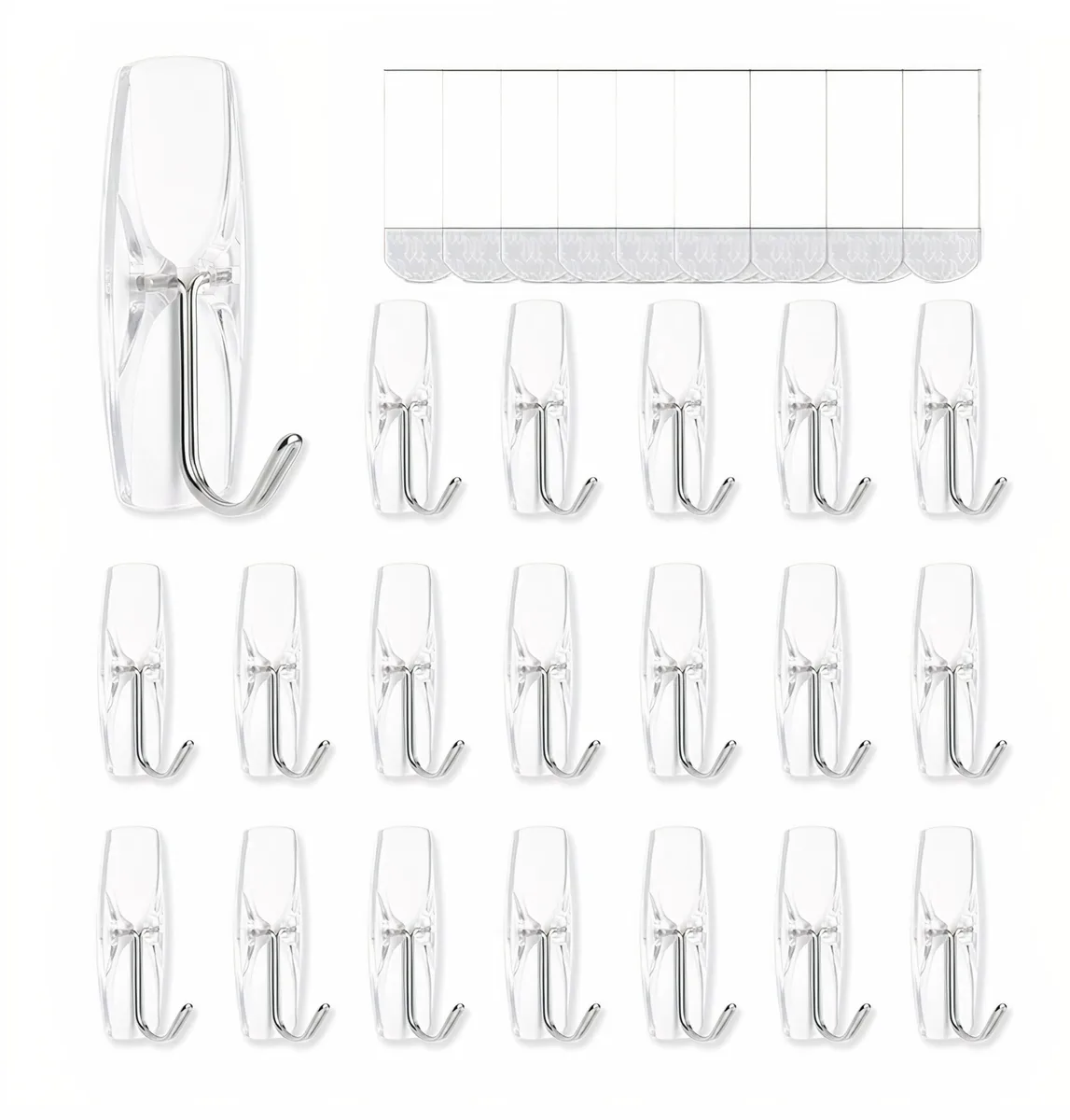 Eighteen clear plastic wire hooks with twenty-four adhesive strips