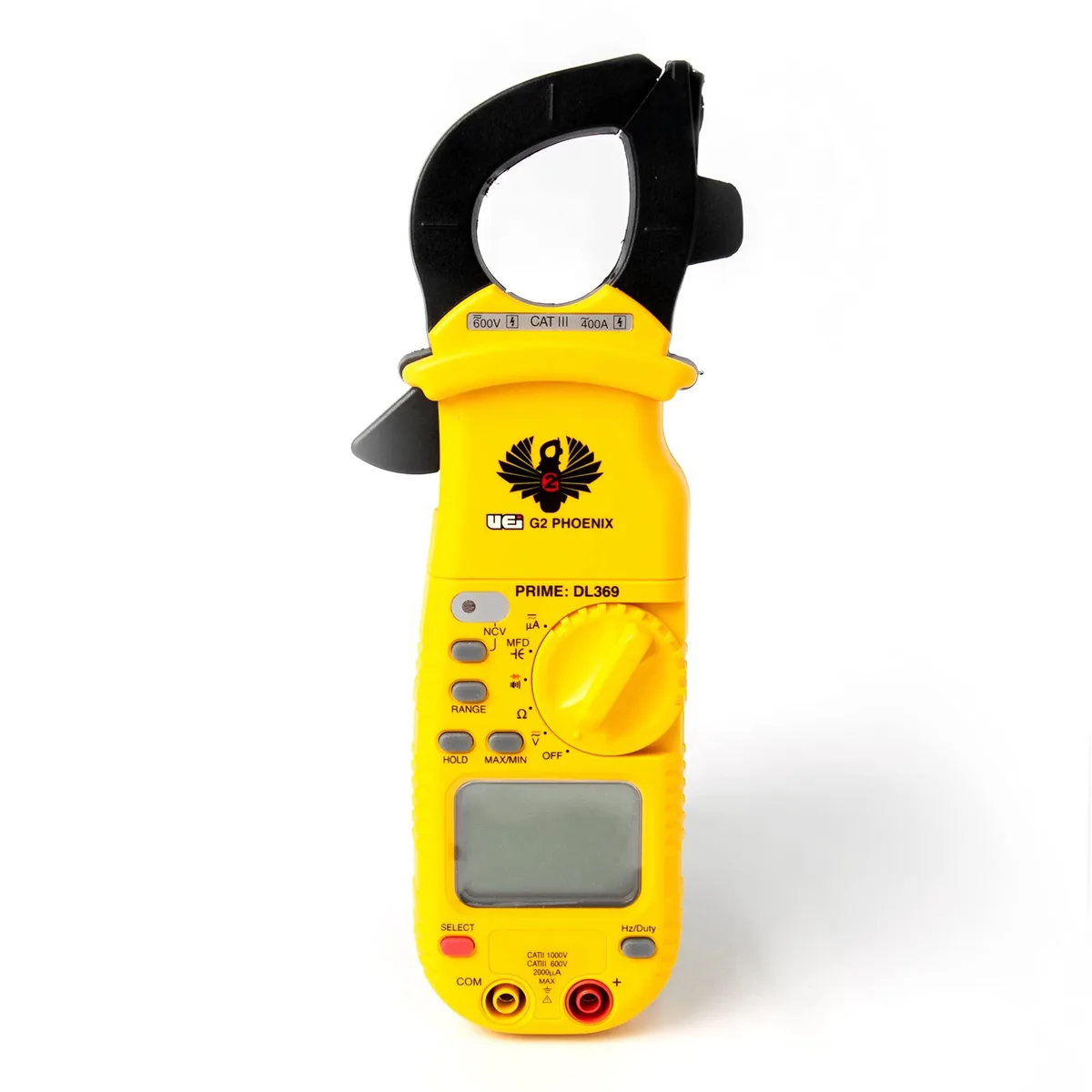 Yellow and grey digital clamp meter with dual display and clamp jaws open