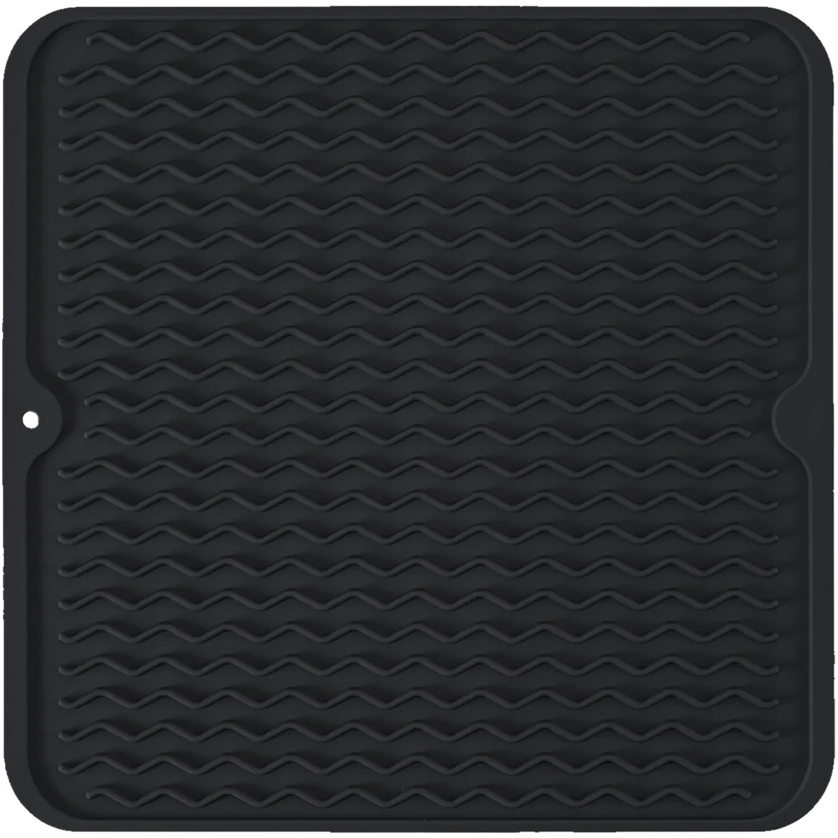Black square silicone mat with raised ripple ridges and a corner hanging hole