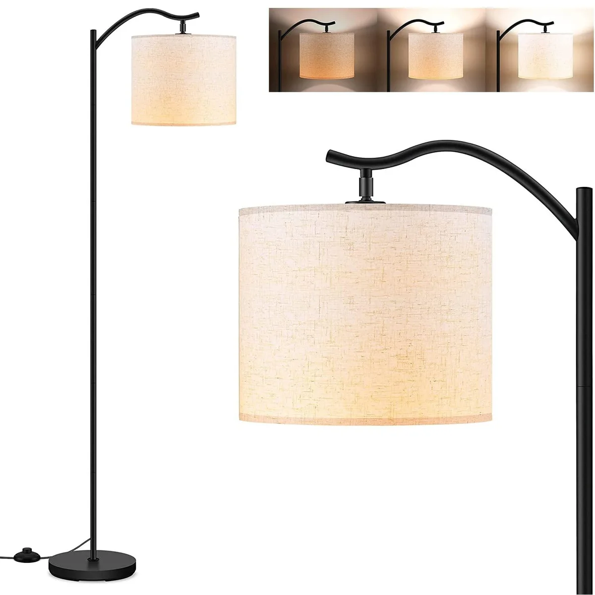 Black arc floor lamp with beige linen drum shade and matte finish