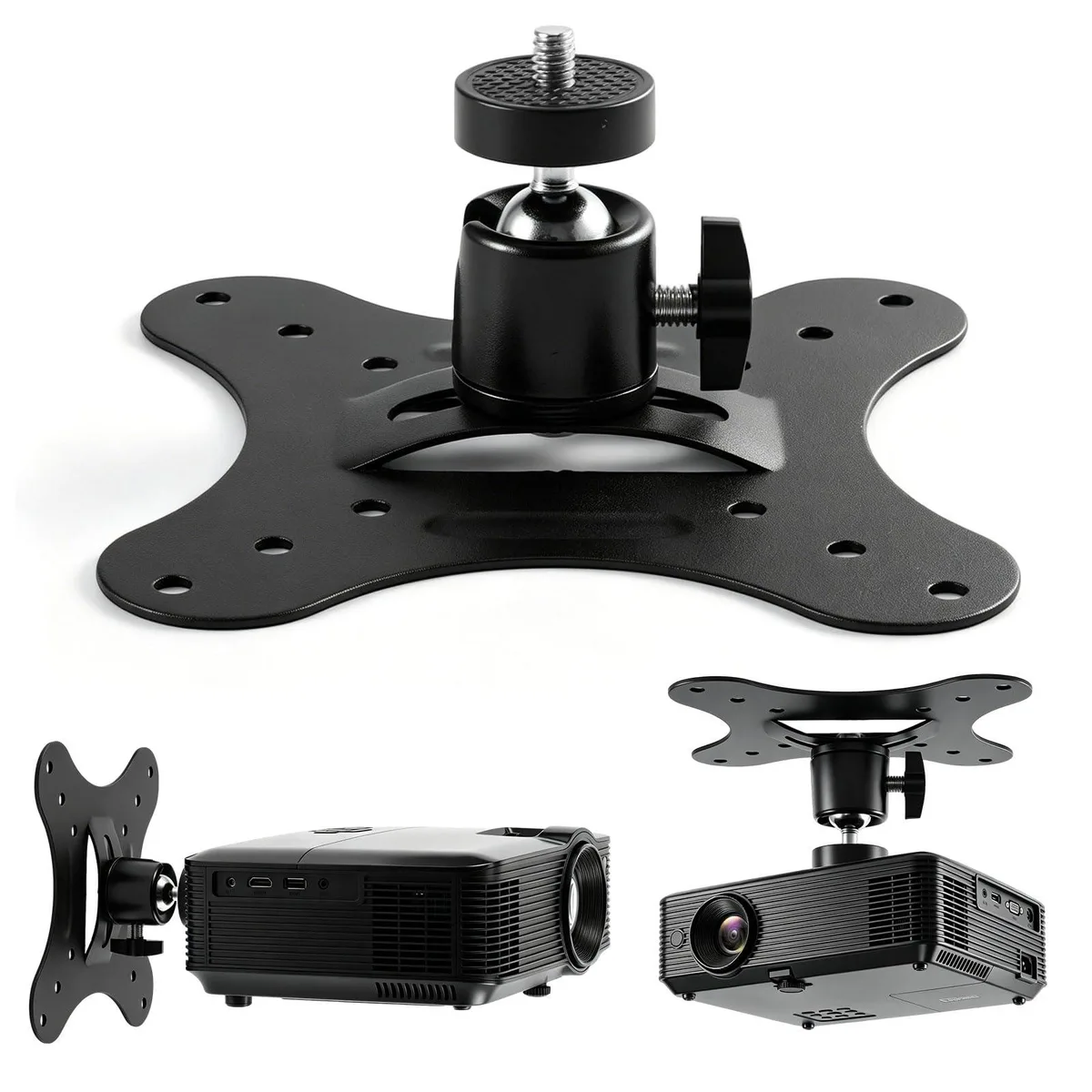 Small black metal projector mount with short 2.36 inch arm and adjustable ball joint