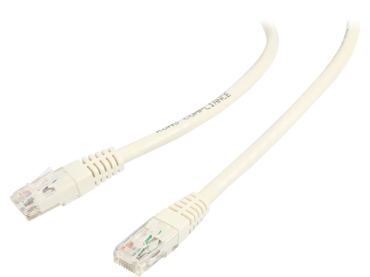 White Cat 6 Ethernet cable with moulded RJ45 connectors, four feet long