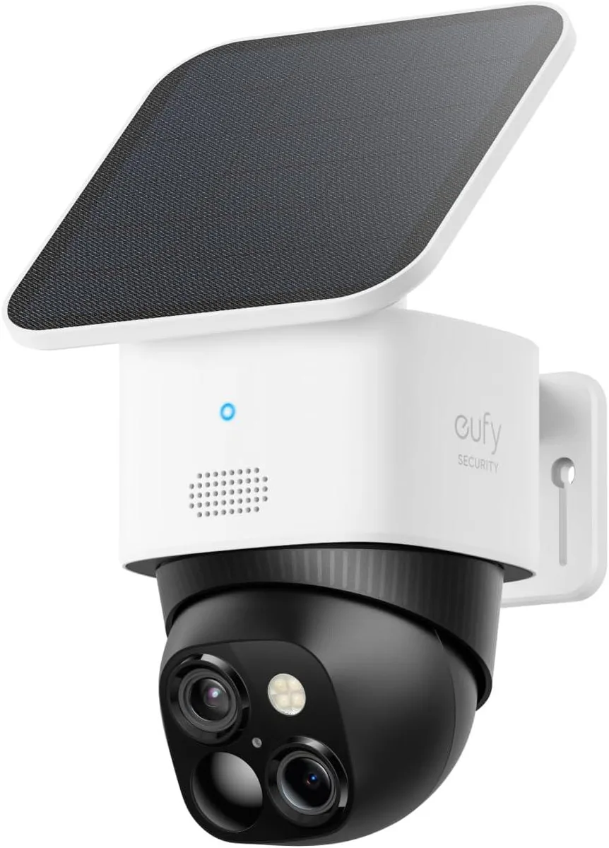 White rectangular outdoor camera with removable solar panel, wireless design, 3.43 by 3.43 by 4.72 inches, 1.39 lb