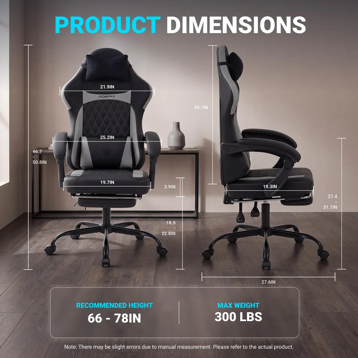 Dowinx Dowinx LS-66D50M Gaming Chair 90°-145° Recline 300 lb Black Gray — product photo
