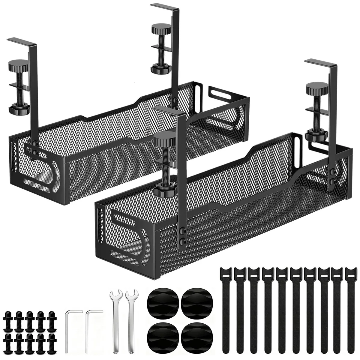 Black steel mesh cable tray with adjustable clamps for under-desk mounting