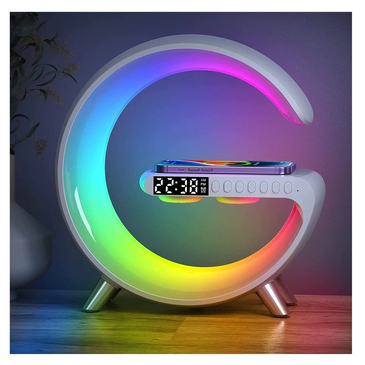 White G-shaped table lamp with LED display, wireless charging pad, speaker grille and push button controls