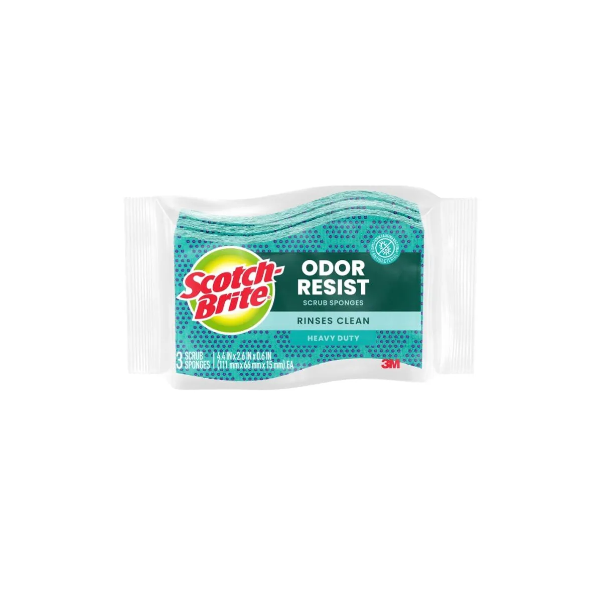 Three white S-shaped scrub sponges in a clear pack