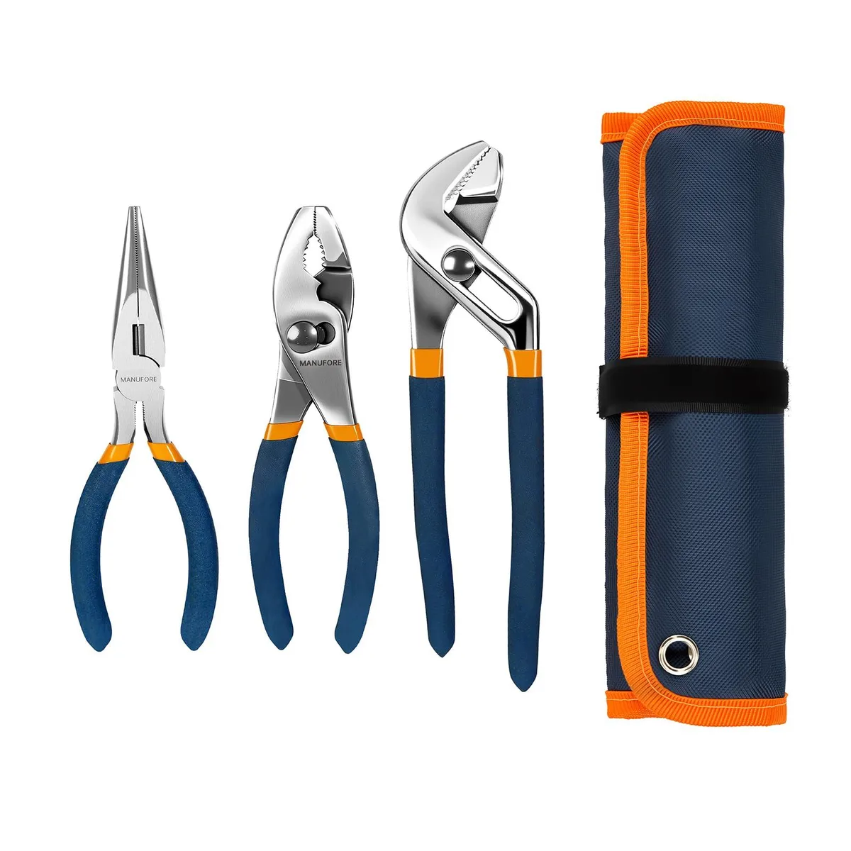 Three chrome pliers in a pouch, two six-inch and one eight-inch