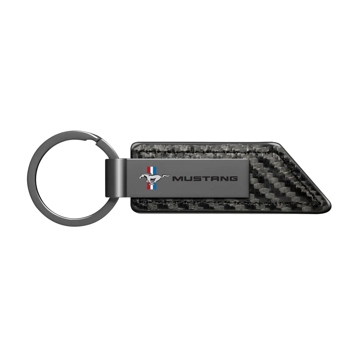 Black leather key fob with gunmetal Ford Mustang tribar logo, carbon fiber texture, flat split ring