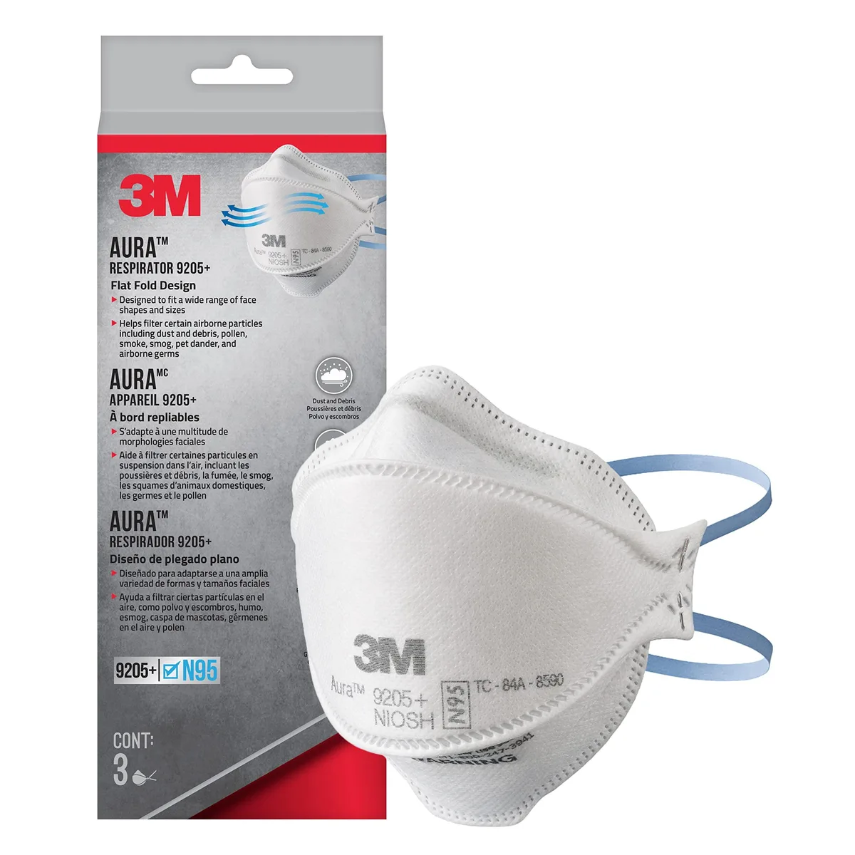 White three-panel N95 respirator with curved low-profile design, embossed top panel and chin tab, three pack