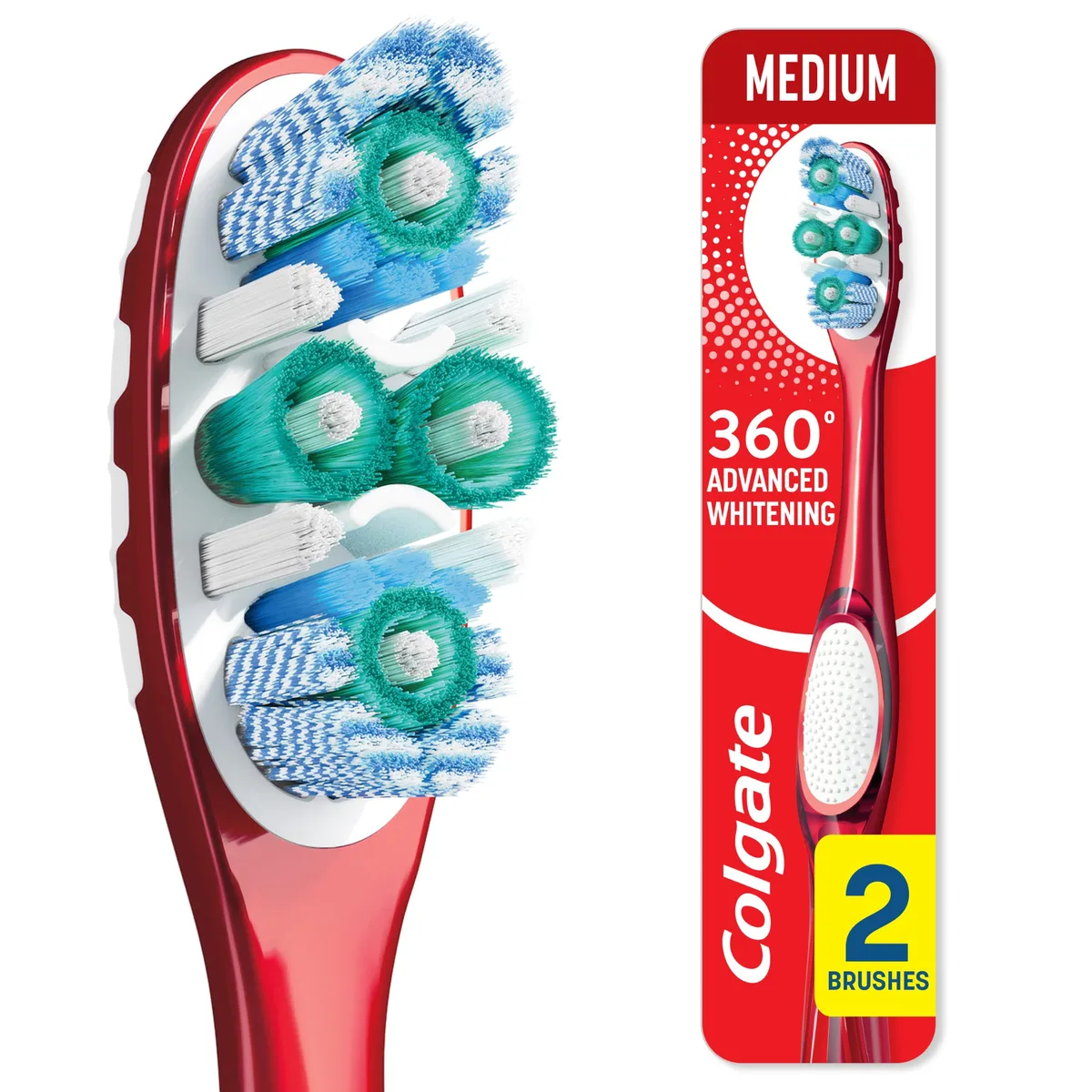 Two white manual toothbrushes with medium bristles and ergonomic handles